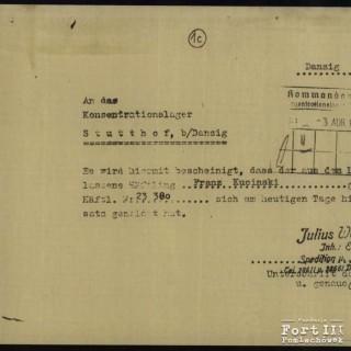 Pismo potwierdzajace o stawieniu sie do pracy, Spedition in Mobeltransport, Gdańsk 31.07.1943